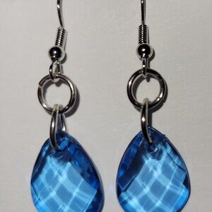 Blue Translucent Faceted Medium Teardrop Earrings in Silver-tone